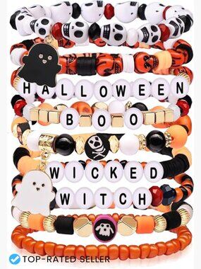 Halloween Stretch Bracelet Set Skull Ghost Bead Party Arm Candy Stackable